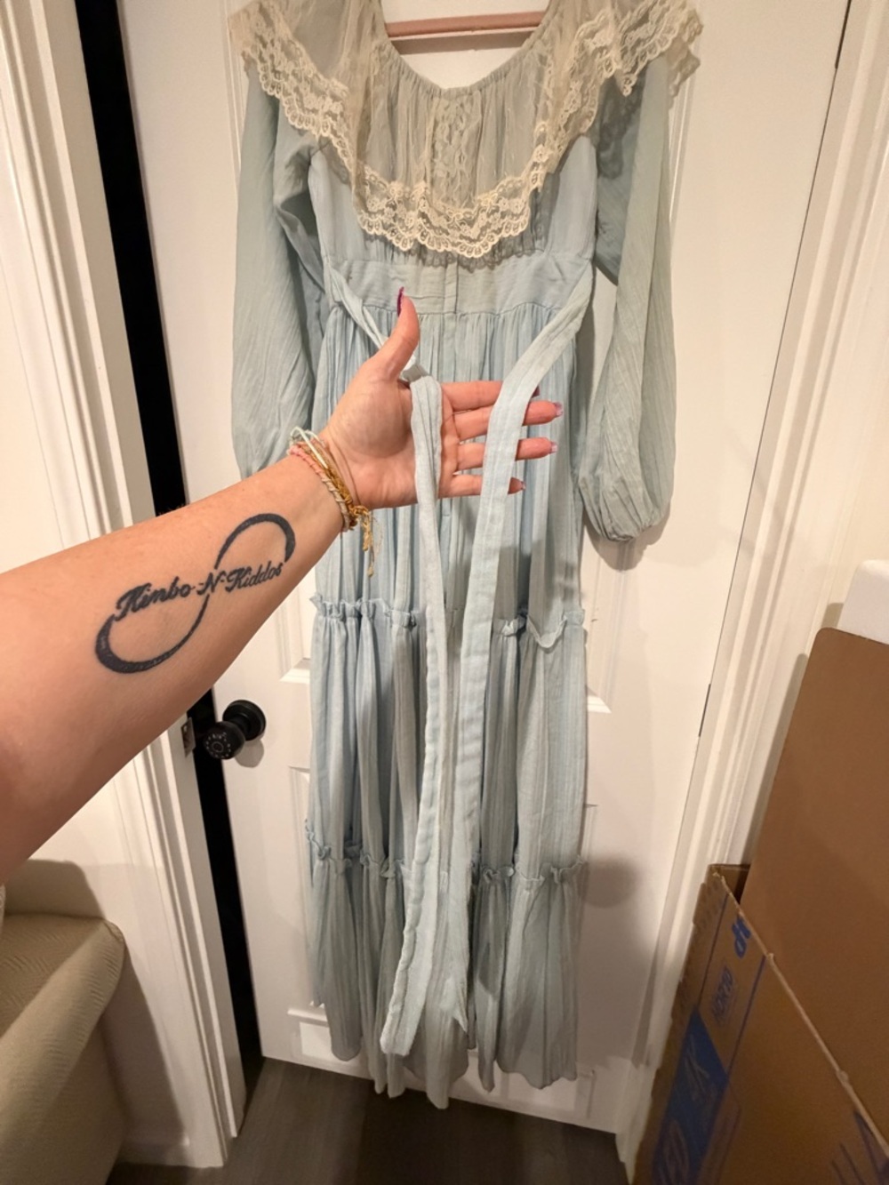 VINTAGE GUNNE SAX LIGHT BLUE PRAIRIE MAXI DRESS LACE BOHO COTTAGECORE WEDDING - Picture 7 of 16
